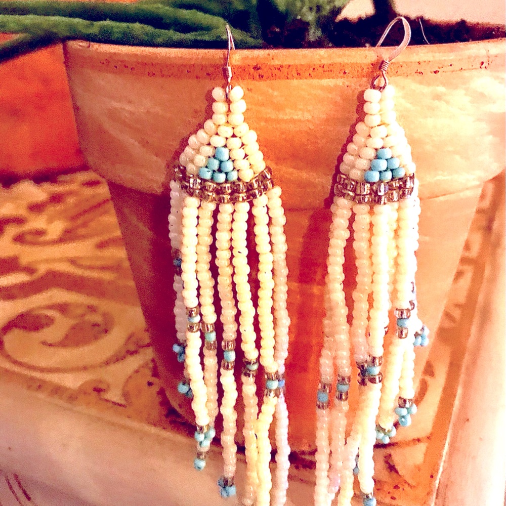 Oversized Ivory and Turquoise Boho Beaded Earrings